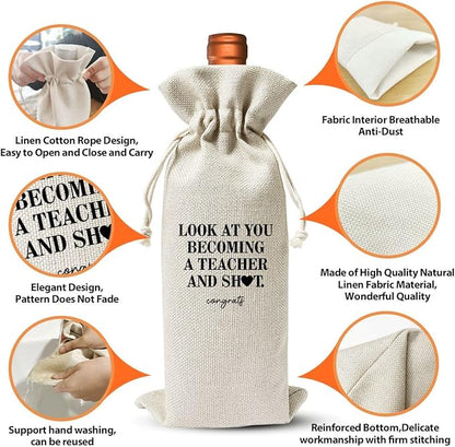 Becoming a Teacher Wine Bag, Be Given To Friends Classmates Teachers' Day Gift Brothers And Sister, New Teacher Party Decoration, Drawstring Burlap Wine Bag