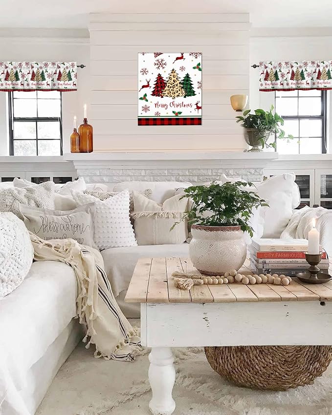 Merry Christmas Kitchen Curtains Valances for Windows Farm Christmas Tree Buffalo Plaid Leopard Rod Pocket Window Treatment for Kitchen/Living Room/Bedroom/Bathroom,60" X 18" -1 Panel, Holiday Decor