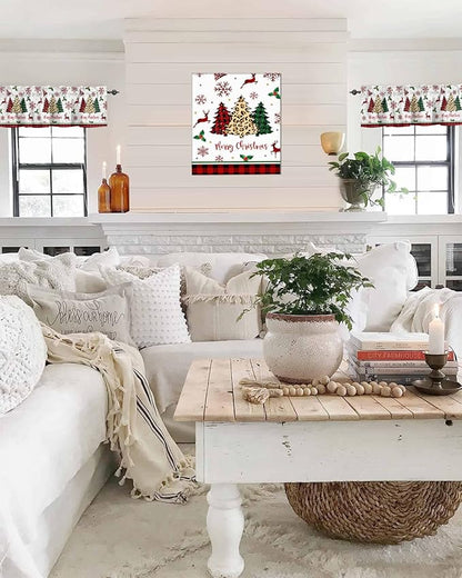 Merry Christmas Kitchen Curtains Valances for Windows Farm Christmas Tree Buffalo Plaid Leopard Rod Pocket Window Treatment for Kitchen/Living Room/Bedroom/Bathroom,60" X 18" -1 Panel, Holiday Decor