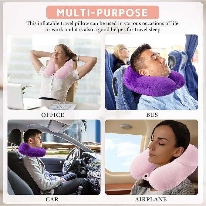 Sintuff 2 Pack Inflatable Travel Pillow for Airplanes Inflatable Neck Pillows with Compact Bag and Blindfold Soft Flight Pillow for Traveling, Airplane, Train, Car, Office(Light Pink and Violet)