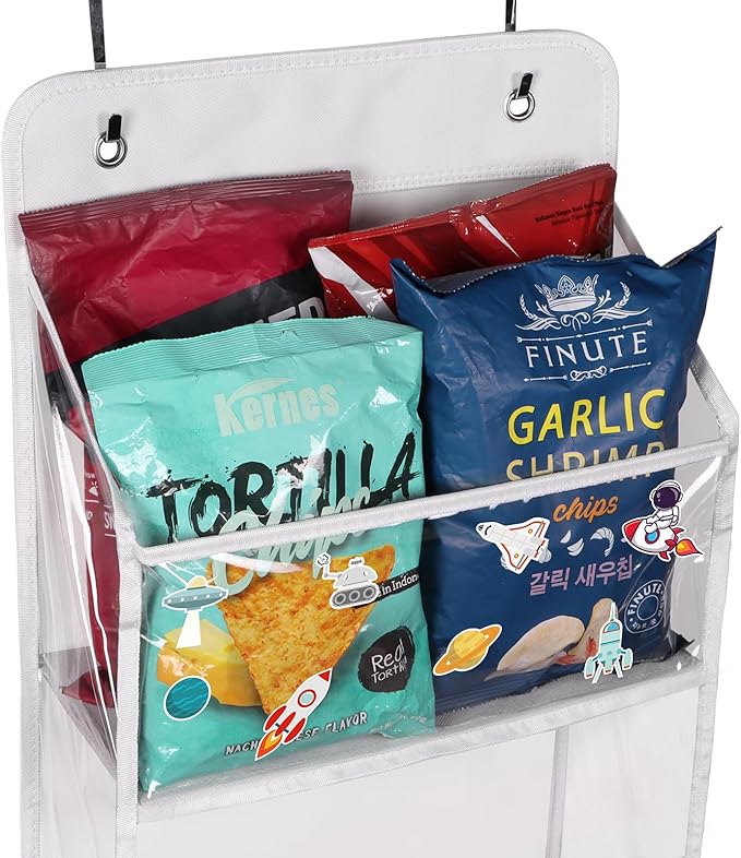 Univivi Over The Door Organizer Hanging Storage, Closet Door Organizer Baby Storage with 5 Clear Plastic Pockets & 2 Big Metal Hooks & Sticker for Cosmetics, Bathroom, Nursery and Sundries