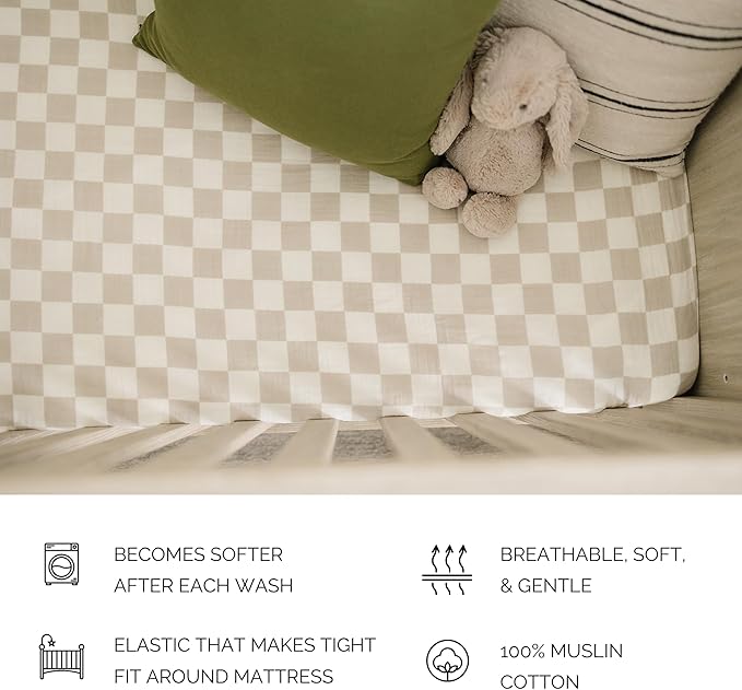 Taupe Checkered Muslin Crib Sheet by Mebie Baby, Soft and Breathable Bed Sheets for Babies, Modern Neutral Bedding for Cribs, Standard Crib Mattress Fitted Sheet, Great for Boy or Girl Room or Nursery