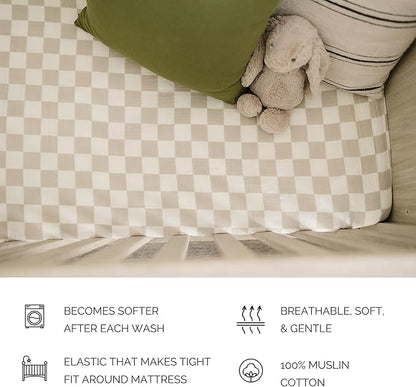 Taupe Checkered Muslin Crib Sheet by Mebie Baby, Soft and Breathable Bed Sheets for Babies, Modern Neutral Bedding for Cribs, Standard Crib Mattress Fitted Sheet, Great for Boy or Girl Room or Nursery