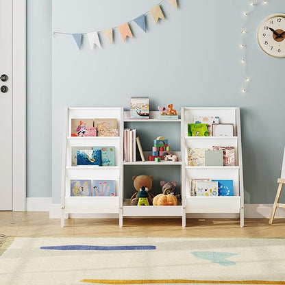 Kids Bookshelf and Toy Organizer, 3-Tier Kids Bookcase, Kids Sling Bookshelf, Toddler Toy Storage Organizer with Bookshelf, for Kids Room, Playroom, Bedroom, Nursery, White BKWT34201
