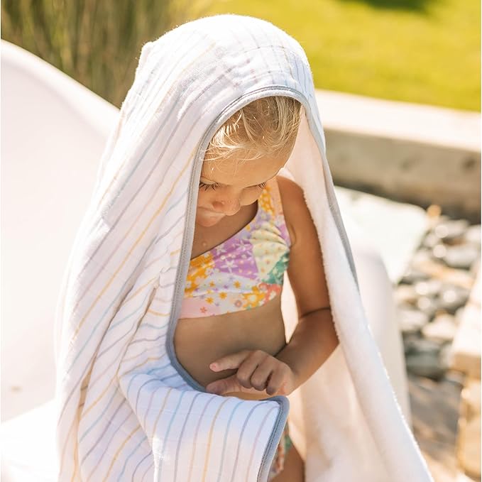 Little Unicorn Cotton Muslin & Terry Hooded Towel, Larger Size 1-6 Years (Unicorn Stripe)
