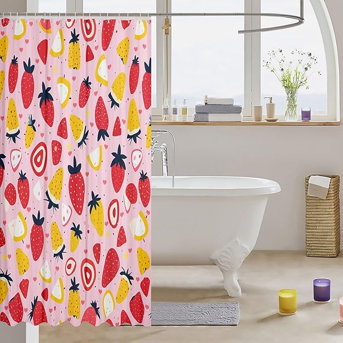 Feelyou Strawberry Fabric Shower Curtain Colour Shower Curtain for Kids Boys Girls Tropical Fruit Print Bathroom Waterproof Accessories with 12 Hooks Fresh Pineapple Pattern Curtains,72x78 Inches