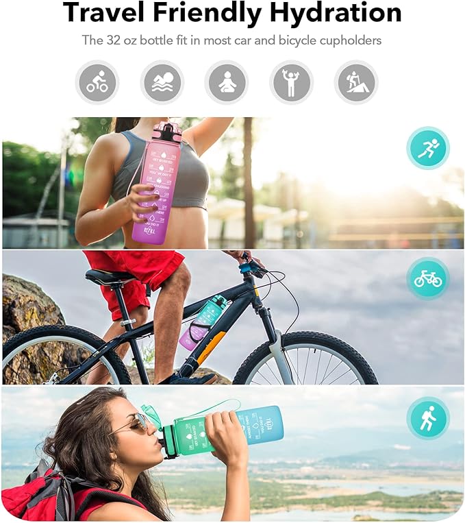 32oz Motivational Water Bottle with Time Marker & Fruit Strainer, Leak-proof BPA Free Non-Toxic Bottle with Carrying Strap, Perfect for Fitness, Gym and Outdoor Sports