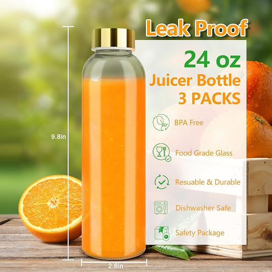 Glass Juice Bottles with Lids for Juicing 24 oz, Reusable Clear Glass Water Bottles with Stainless Steel Airtight Cap for Refrigerator, 100% Leak Proof, BPA Free, ECO Friendly, Set of 3, Gold