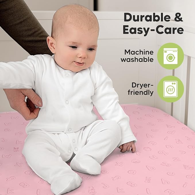 2-Pack Organic Crib Sheets for Boys, Girls - Jersey Fitted Crib Sheet, Baby Crib Sheets Neutral, Crib Mattress Sheet, Cotton Crib Sheets, Breathable Crib Sheet, Baby Mattress Sheets (ABC Land Rose)