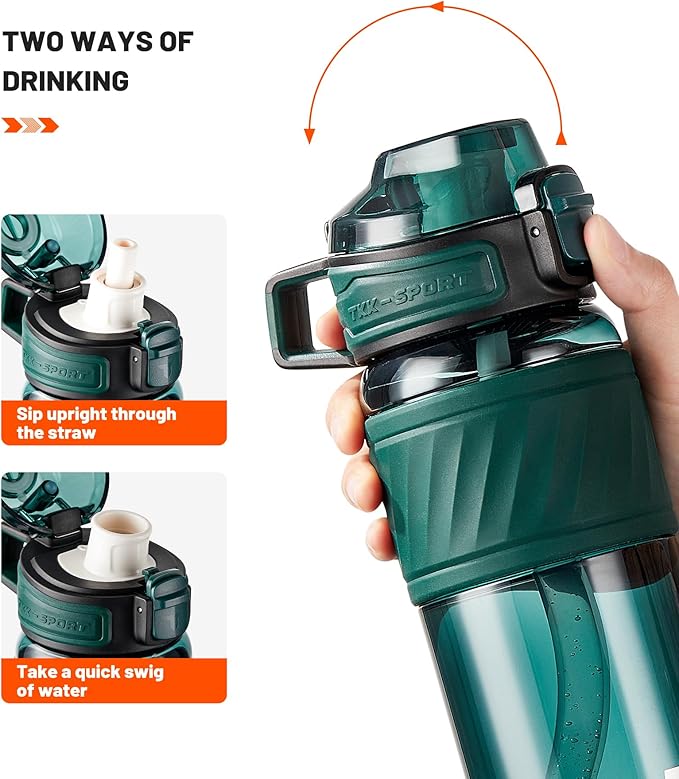 TKK 15oz Sports Water Bottles with Removable Straw Durable BPA Free Tritan Bottles Leak-Proof Water Bottles for School, Fitness, Gym, Outdoor, Green