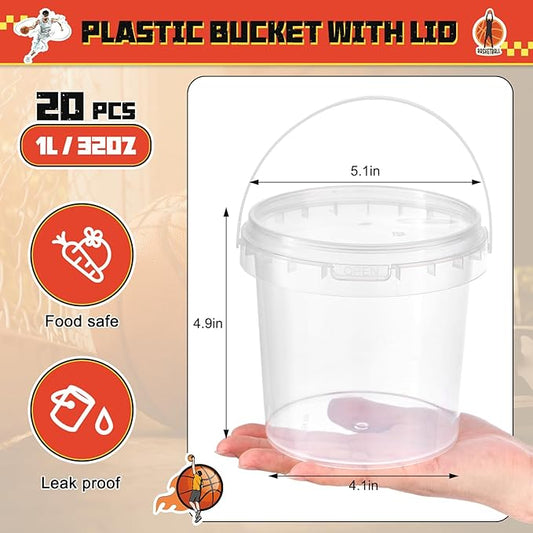 PerKoop 20 Pcs 32 oz Basketball Ice Cream Buckets with Lids and Handles Clear Cocktail Rum Buckets for Drinks with 200 Stickers Plastic Transparent Tub Reusable Food Storage Containers for Parties