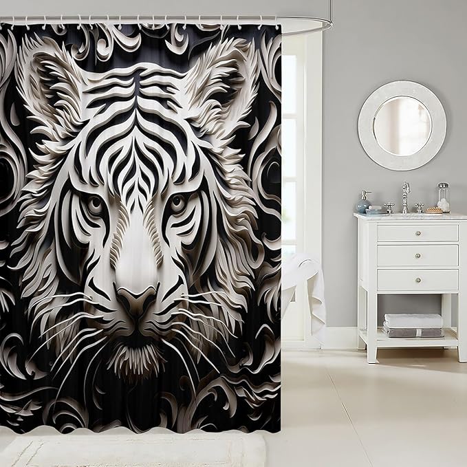 Feelyou Leopard Fabric Shower Curtain for Girls Boys Adult Damask Leopard Bathroom Waterproof Accessories with 12 Hooks Black White Shower Curtain Animal Print Curtains,72x78 Inches