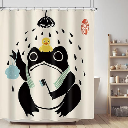 LGhtyro Funny Frog Shower Curtain Bathroom Set 60Wx71H Inches Cute Animal Bath Asian Style Traditional Japanese Art Rubber Duck Bath Accessories Retro Black Beige Art Home Decor Fabric 12 Pack Hooks