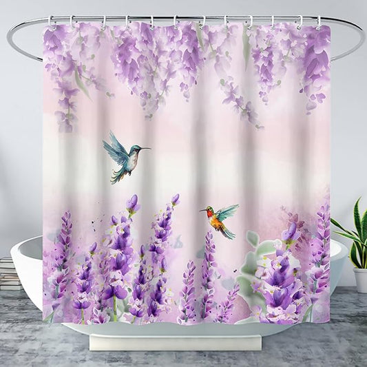 AILONEN Waterproof Floral Shower Curtain for Bathroom,Purple Pink Wisteria Lavender Flowers Shower Curtain,Botanical Floral Decor Bathroom Polyester with Grommets and Hooks 48" W*72" H