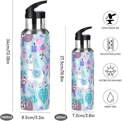 senya 34 Oz Water Bottle with Straw Animals Alpaca Llama Sloth Dinosaur Stainless Steel Water Bottle for Traveling Sports Leakproof Insulated Water Bottle