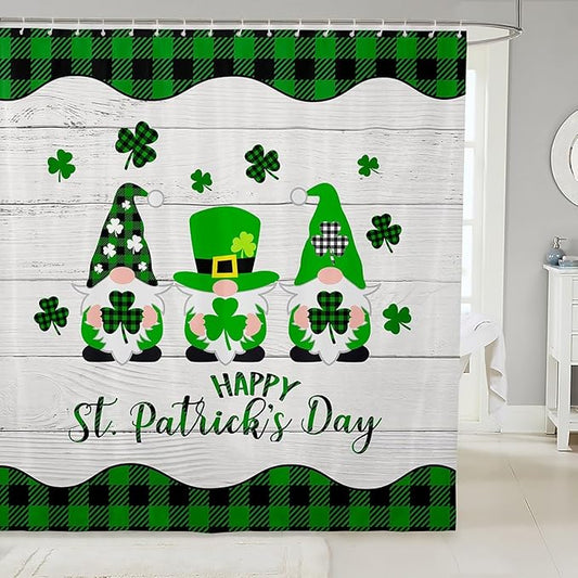 St. Patrick's Day Kids Shower Curtains,Cartoon Gnomes Leaves Irish Holiday Bathroom Curtains for Girls Boys,Geometric Grids Patchwork Green Cute Waterproof Curtains,12 Hooks Suits,72"W x 84"L