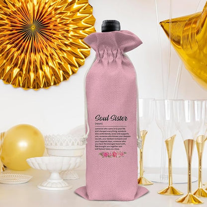 HOIJAUMAI Soul Sister Gift Friendship Gift Soul Sister Definition Wine Bag Soul Sister Wine Gift Bags for Women Best Friends Bestie BFF (Pink)