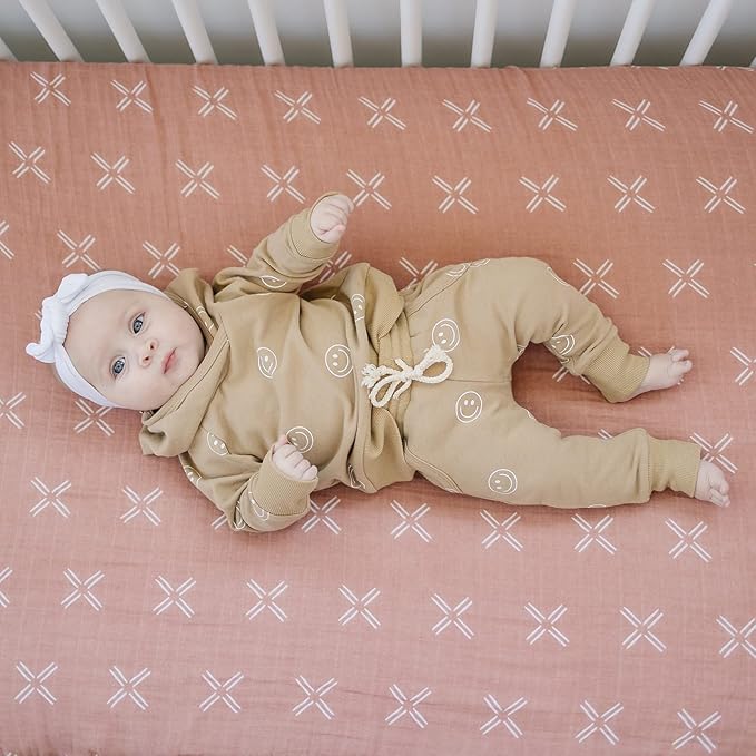 Just Peachy Muslin Crib Sheet by Mebie Baby, Soft and Breathable Bed Sheets for Babies, Modern Neutral Bedding for Cribs, Standard Crib Mattress Fitted Sheet, Great for Boy or Girl Room or Nursery