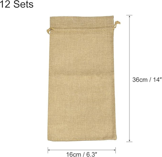 uxcell Burlap Wine Bags with Drawstrings, 12Pcs Wine Gift Bags Reusable Wine Bottle Bags with Ropes and Tags for Wedding, Birthday, Travel (14 x 6.3 In, Wood)