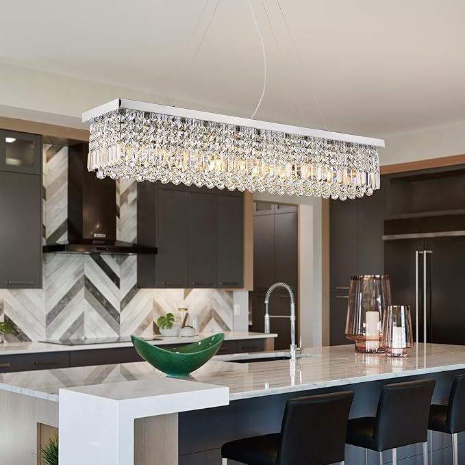 Siljoy 10-Light Modern Crystal Chandelier for Dining Room, Rectangular K9 Crystal Raindrop Chandelier, Rectangle Pendant Ceiling Light Fixture for Living Room Kitchen Island L47'' x W10'' x H10''