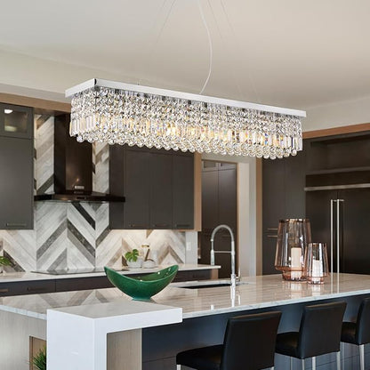 Siljoy 10-Light Modern Crystal Chandelier for Dining Room, Rectangular K9 Crystal Raindrop Chandelier, Rectangle Pendant Ceiling Light Fixture for Living Room Kitchen Island L47'' x W10'' x H10''