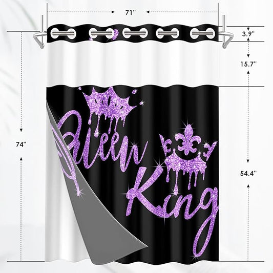 King and Queen No Hook Shower Curtain with Snap in Liner, Black and Purple Glitter Bath Curtain with Double Layers Waterproof Fabric and Mesh Top Window 71x74 Inch