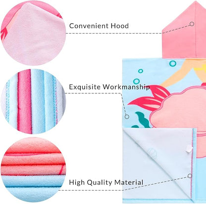 Kids Blue Mermaid Hooded Beach Towel Girls Cute Poncho Pool Towels with Hood 24*47 in Soft Microfiber Swim Cover-ups Kids Ages 3-10 Thick Absorbent Cotton Hooded Bath Towel Wrap Bathrobe
