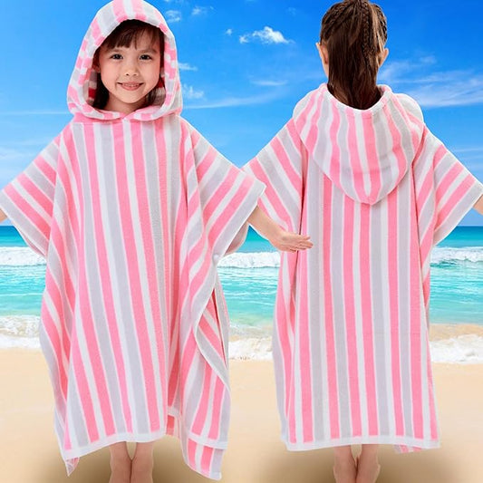VOOVA & MOVAS Kids Poncho Towels - Soft 100% Cotton (4-8Years), Quick Dry Absorbent Light Weight Hooded Towel for Pool | Swim | Beach | Bath, Pink Gray Stripe