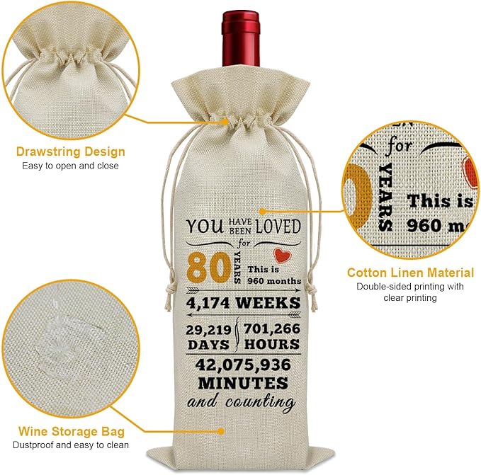 Sazuwu Happy 80th Birthday Gifts for Women Wine Bag 80 Year Old Birthday Gifts for Men Wine Bottle Storage Bag Funny Turning 80 Gifts Born in 1944 Gifts Wine Accessories Gifts for Wine Lovers