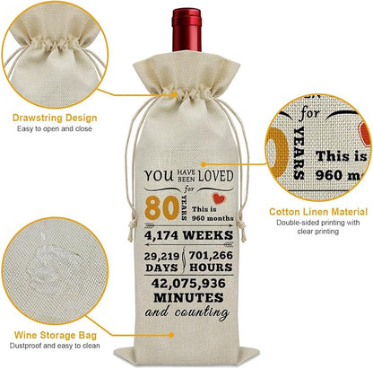Sazuwu Happy 80th Birthday Gifts for Women Wine Bag 80 Year Old Birthday Gifts for Men Wine Bottle Storage Bag Funny Turning 80 Gifts Born in 1944 Gifts Wine Accessories Gifts for Wine Lovers
