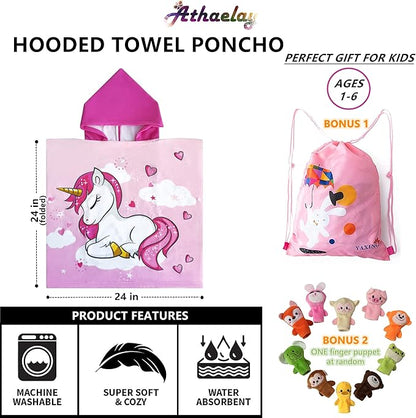 Kids Hooded Poncho Towel for Girls, Toddlers Bath Beach Pool Swim Towels with Hood Cover-ups Swimwear (3D Unicorn with bag)