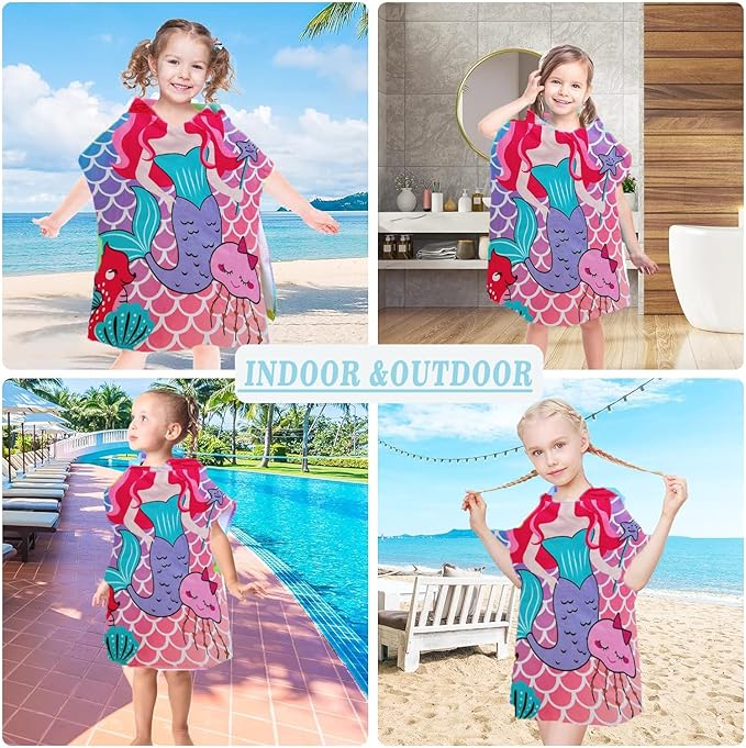 Mermaid Toddler Bath Beach Towel with Hood for Girls Ages 2-4 Years Kids Bath Towel Hooded Pool Towel Microfiber Absorbent Swim Cover Up Poncho Towel 24" x 24"