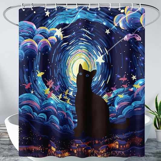 AILONEN Cartoon Black Cat Shower Curtain Set,Starry Night Bath Curtain for Kids Girls Boys,Country Style Shower Curtain,Cat Lovers Animal Shower Curtains for Bathroom Decor, 48" W*72" H