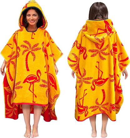 VOOVA & MOVAS Poncho Towel Adult (14Years Up)-Flamingo, Large Thick Absorbent Cotton Wearable Bath Towels for Big Girl, Pool Towels for Women, Adult Hooded Towel for Bathroom, Pool Use