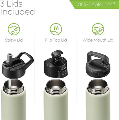 SipX™ Triple-Insulated Stainless Steel Water Bottle 25oz. With 3 Lids, BPA-Free Reusable Insulated Water Bottle Keeps Cold 24 Hours, Metal Water Bottle Made Of Sustainable Material For Hiking & Biking