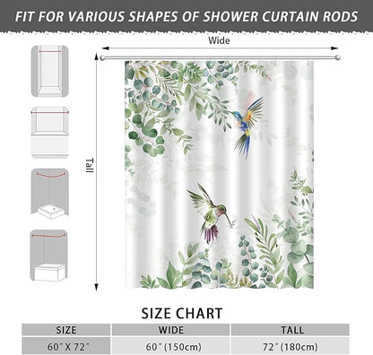 Hummingbird Sage Green Eucalyptus Leaves Shower Curtain, Spring Summer Botanical Floral Bird Home Bathroom Decor, Polyester Cotton Fabric Waterproof Modern Bath Curtain with 12 Hooks 60x72 Inches