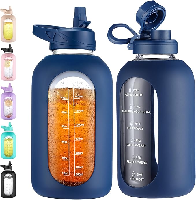 CIVAGO 64 oz Glass Water Bottle Jug with Straw and Handle, Half Gallon Sports Motivational Water Bottle with Time Marker and 2 Lids, Large Water Flask Canteen with Silicone Sleeve for Gym,Navy