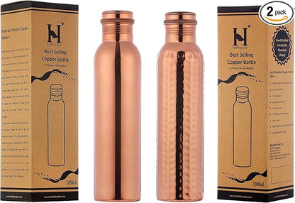 Set of 2 Pure Copper Water Bottles, UNLINED, UNCOATED and LACQURE FREE for Ayurvedic Health Benefits 1000 ML
