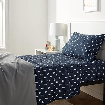 Amazon Basics Kid's Soft Easy-Wash Lightweight Microfiber 3-Piece Sheet Set, Toddler, Navy, White Anchors