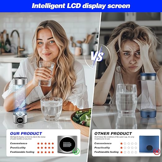 Newest Hydrogen Water Bottle, Ion Hydrogen Water Bottle Generator, Pure Water Electrolysis, Double Glass, Power Display, Electrolysis Timer, for Office, Travel, Gift for Love, Silver