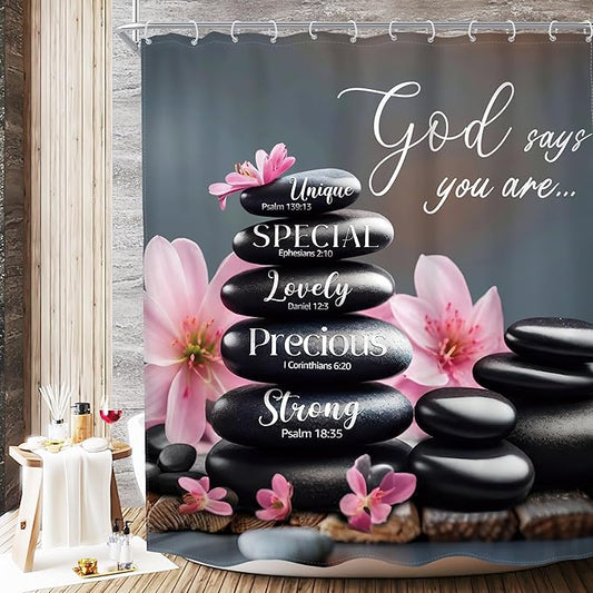 MESHELLY Zen Black Pink Shower Curtain 60Wx72H Scripture Flower Spa Relaxing Meditation Massage Bathroom Curtain Quotes Stone Bible Verse Bath Curtain Fabric Bathroom Accessories Decor with 12 Hooks