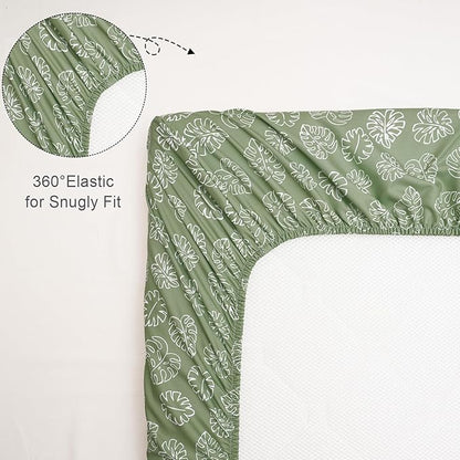 3 Pack Mini Crib Sheets, Premium Pack N Play Sheets for Boys Girls Neutral, Soft Breathable Baby Sheets Fit Pack N Play, Playard and Mini Crib Mattresses, Leaf