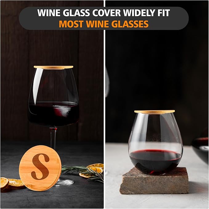 Personalized Wine Glass Charcuterie Topper - Custom Laser Engraved Initial Bamboo Wine Glass Topper Stopper Coasters Plate ID Identification Wine Glass Charcuterie Board Topper (Letter S)