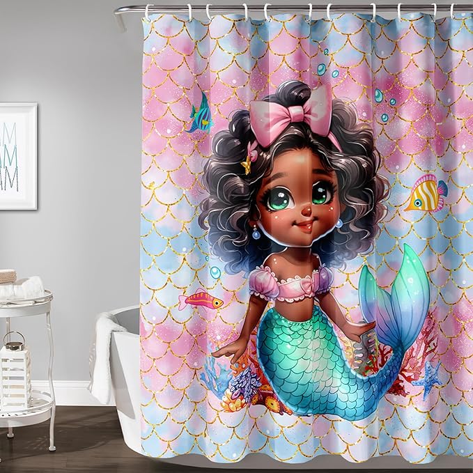 AILONEN Mermaid Shower Curtain,Cute Black Girls Mermaid Bath Curtain for Kids Girls,Ocean Fish Pink Mermaid Scale Print Shower Curtain for Bathroom Decor Waterproof with 12 Plastic Hooks, 72" W*96" H