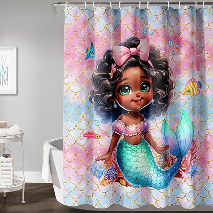 AILONEN Mermaid Shower Curtain,Cute Black Girls Mermaid Bath Curtain for Kids Girls,Ocean Fish Pink Mermaid Scale Print Shower Curtain for Bathroom Decor Waterproof with 12 Plastic Hooks, 72" W*96" H