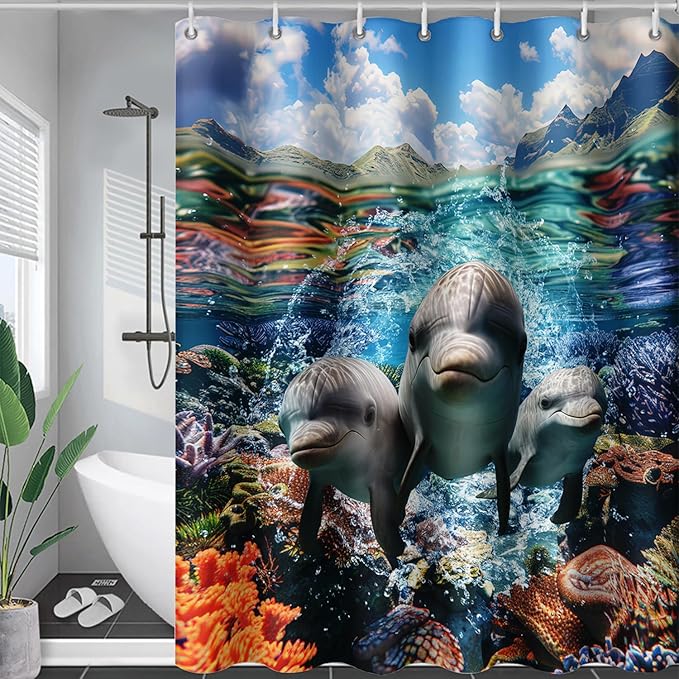 AILONEN Cute Dolphin Shower Curtain,Ocean Dolphin Bath Curtain,Tropic Sea Coral Beach Curtain,Boys Girls Kids Curtain for Bathroom Decor Waterproof, 60" W x 72" H