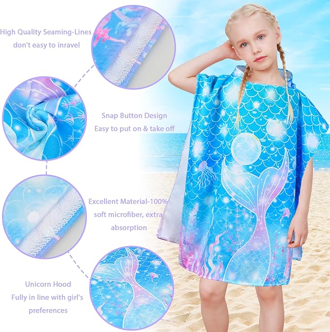 Kids Beach Towels for Girls, Unicorn Hooded Beach Pool Towels for Kids, Ultra Soft & Super Absorbent Kids Toddler Poncho Towels for 3-8 Years, 24"x24" (Blue Mermaid)