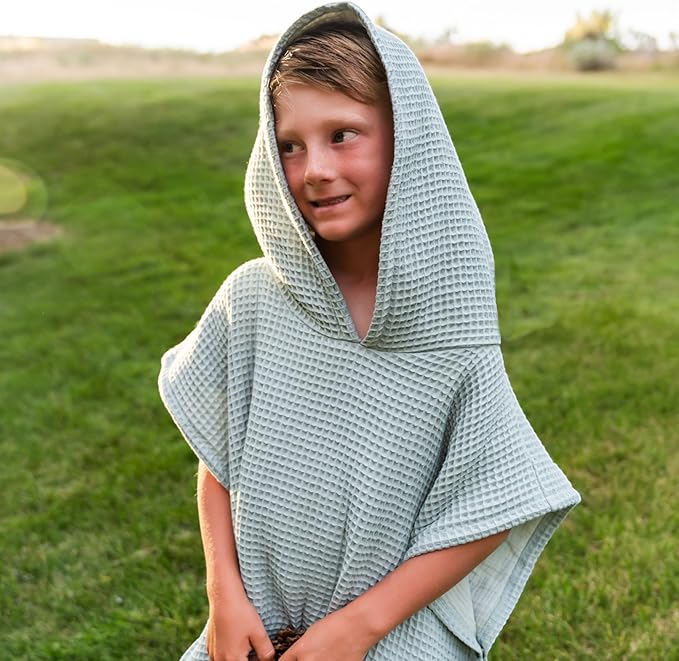 Hooded Towel for Babies + Toddlers | Snaps into a Poncho | Organic Cotton Waffle | Lighweight and Absorbent | Bath, Beach, and Pool | Multiple Colors (Small (0-3 Yrs), June Breeze)
