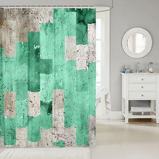 Feelyou Kids Geometric Green Shower Curtain Geometry Bathroom Shower Curtain Set Checkered Bath Curtain Boys Girls Modern Art Teens Bathroom Accessories Room Decor 72"x72"
