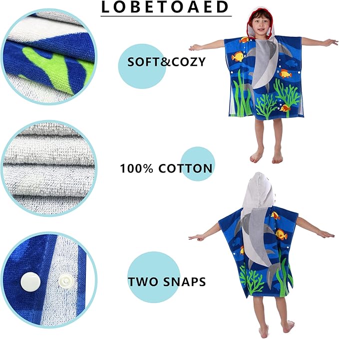 Kids Hooded Beach Bath Towel, Baby Surf Poncho Toddlers Soft Real Cotton Wrap Hooded Towels for Kids Boy Girl